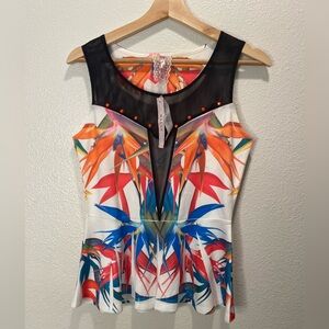 Mauve Bird of Paradise Print Sleeveless Blouse with Sheer Accent Size Large